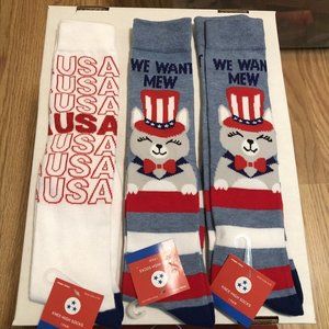 lot of 3 pair knee high socks shoe size 4-10 “we want mew” and USA patriotic